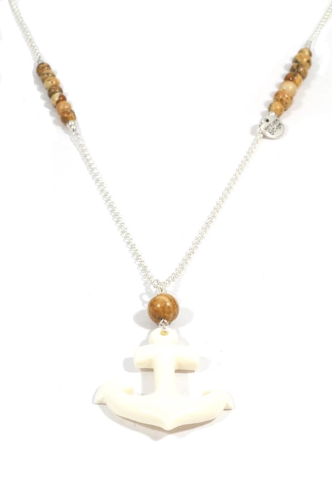 Heaven Eleven dames Ketting zilver plating - jaspis kralen - wit hertegewei anker