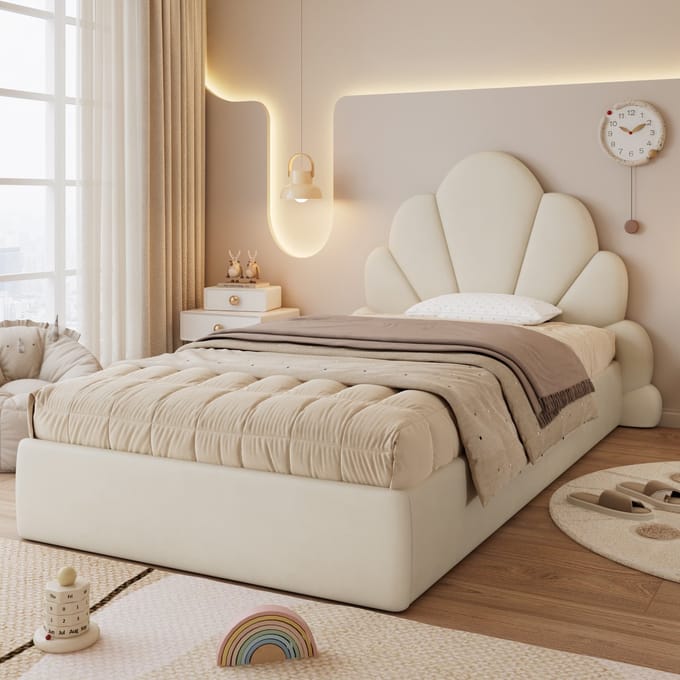 REDOM Bedframe 90x200 cm van fluweel, met bloemvormig hoofdbord en lattenbodem