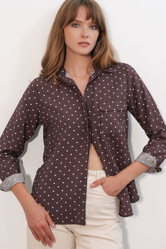 Overmaatse Gepunte Dots Geweven Shirt