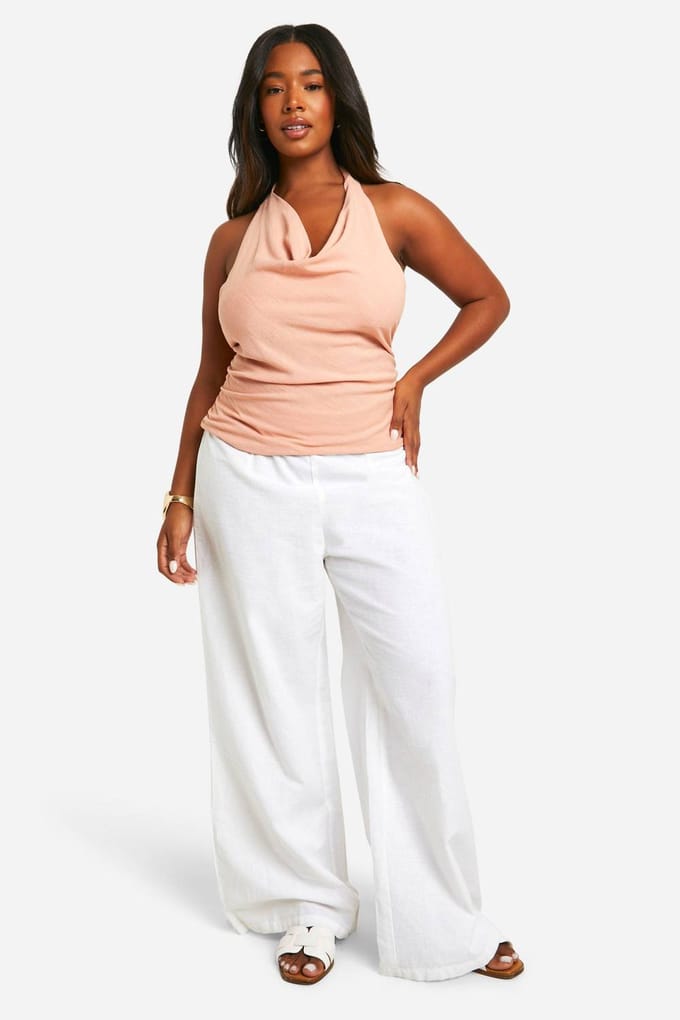 boohoo Dames Plus Linen Look Tie Halterneck Top | Roest | Maat: 54