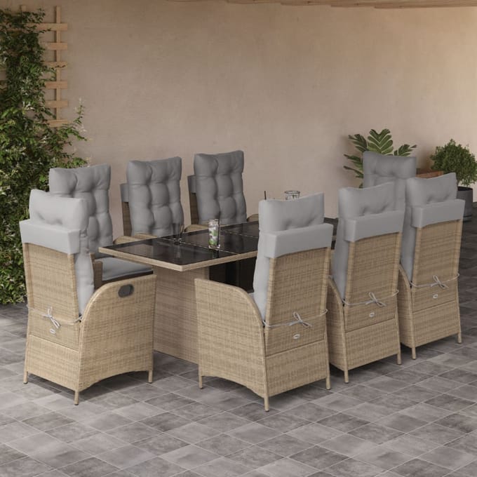 vidaXL - 9-delige - Tuinset - met - kussens - poly - rattan - gemengd - beige