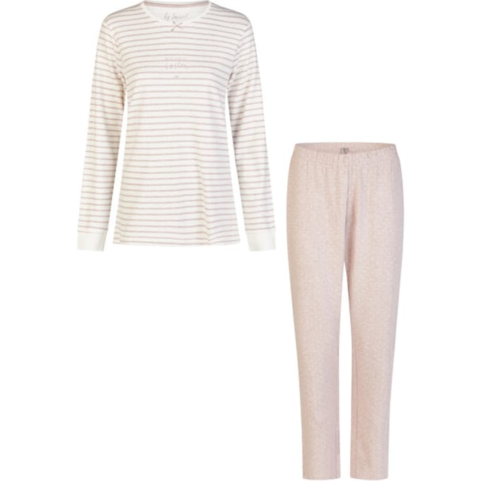 By Louise Dames Pyjama Set Lang Interlock Wit/Roze Gestreept - Maat M