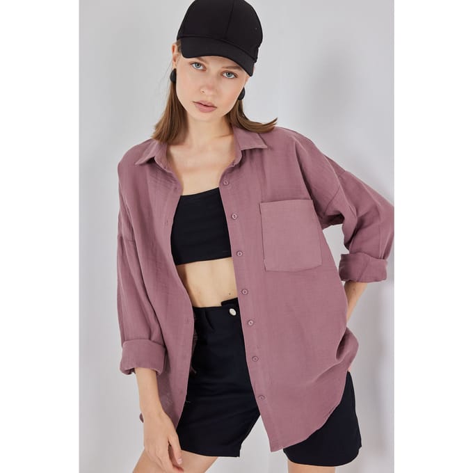 Oversized Shirt van Linnen met Zakdetails