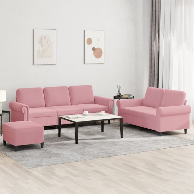 vidaXL - 3-delige - Loungeset - met - kussens - fluweel - roze