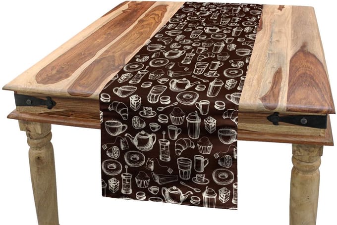 ABAKUHAUS Bruin–Wit Doodle-Theetijd Tafelrok – 40×180 cm – Polyester