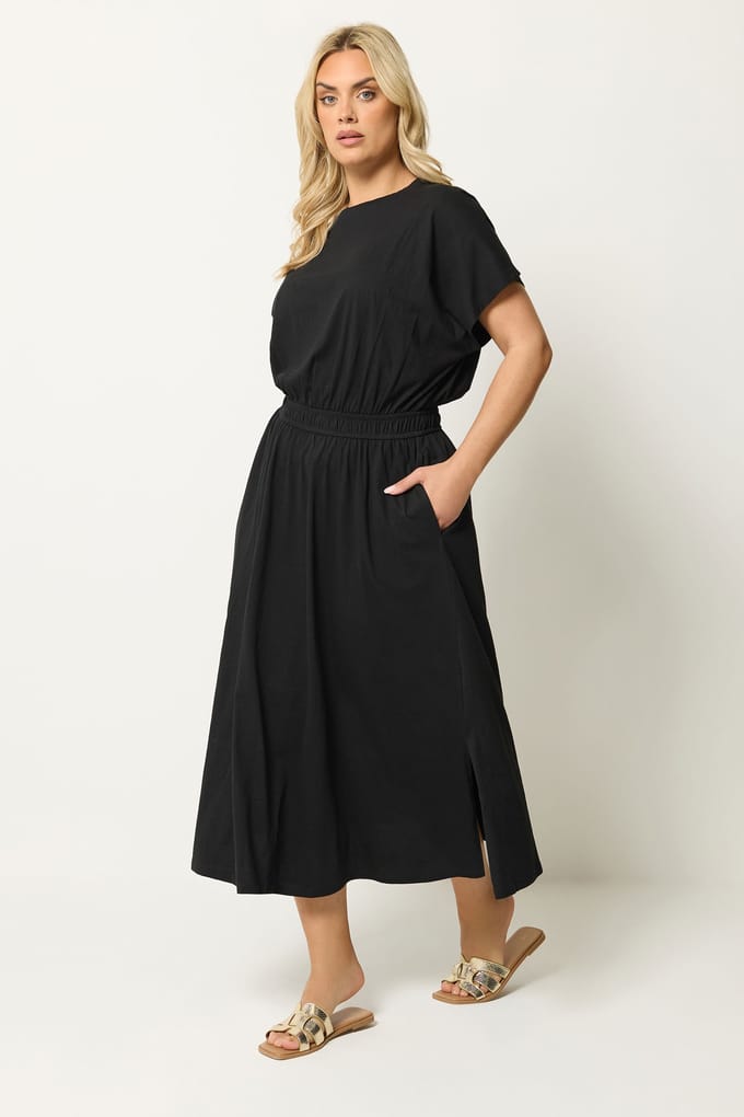 Yours Zwarte Maxijurk Met Elastische Taille Size 58-60