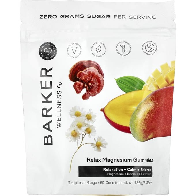 Barker Wellness Co., Relax Magnesium Gummies, Tropische Mango, 60 Gummies