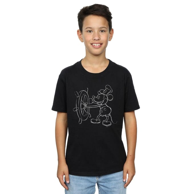 Disney Jongens Mickey Mouse Stoomboot Schets T-shirt (Zwart)