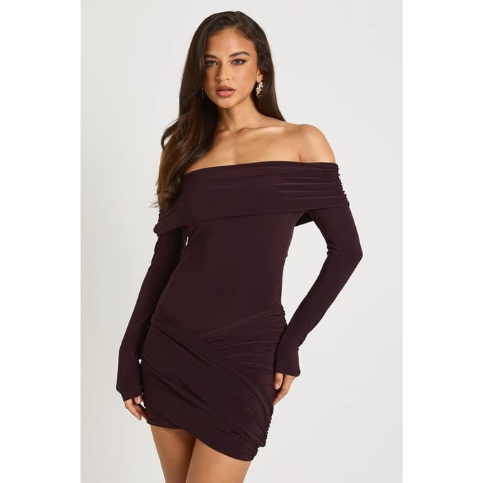 boohoo Dames Bardot Drapedetail Lang Mouw Mini-jurk | Chocolate | Maat: 14