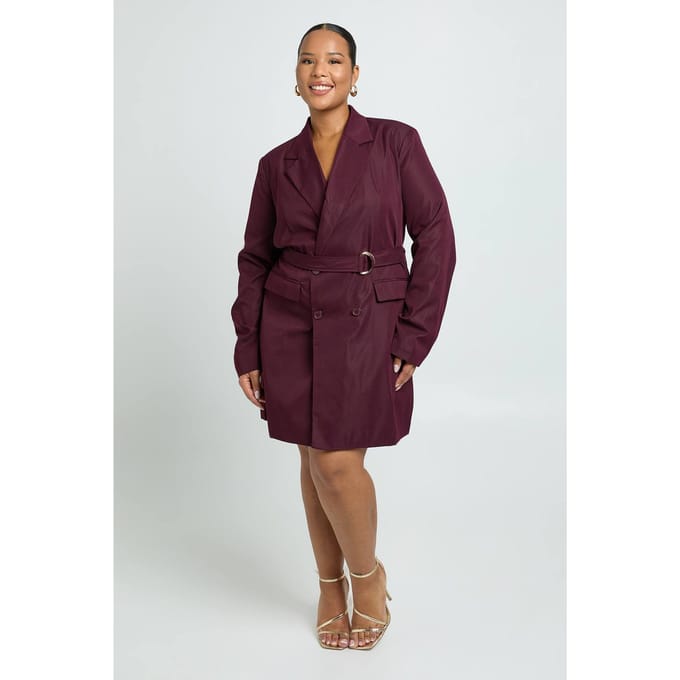 boohoo Dames Plus D-Ring Strikriem Blazerjurk | Plum | Maat: 16