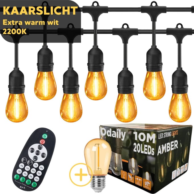 Odaily Lichtsnoer Amber - 10 Meter - 20 LED Lampen - Extra Warm Wit Licht - Dimbaar - Professionele Kwaliteit