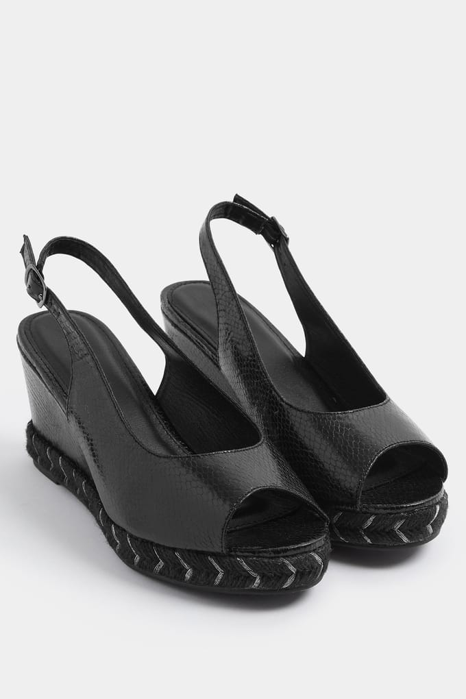 Yours Zwarte Imitatieleren Sandalen Met Slangentextuur En Sleehak In Brede Pasvorm Esize 42E
