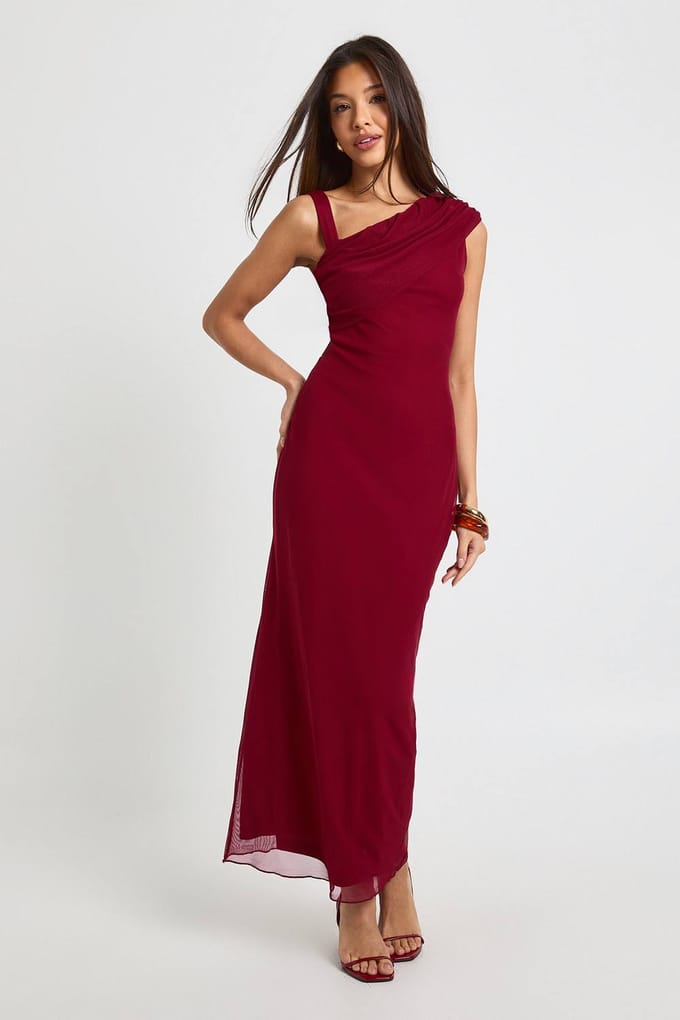 boohoo Dames Maxi-jurk met mesh-draperie op de schouders | Burgundy | Maat: 16