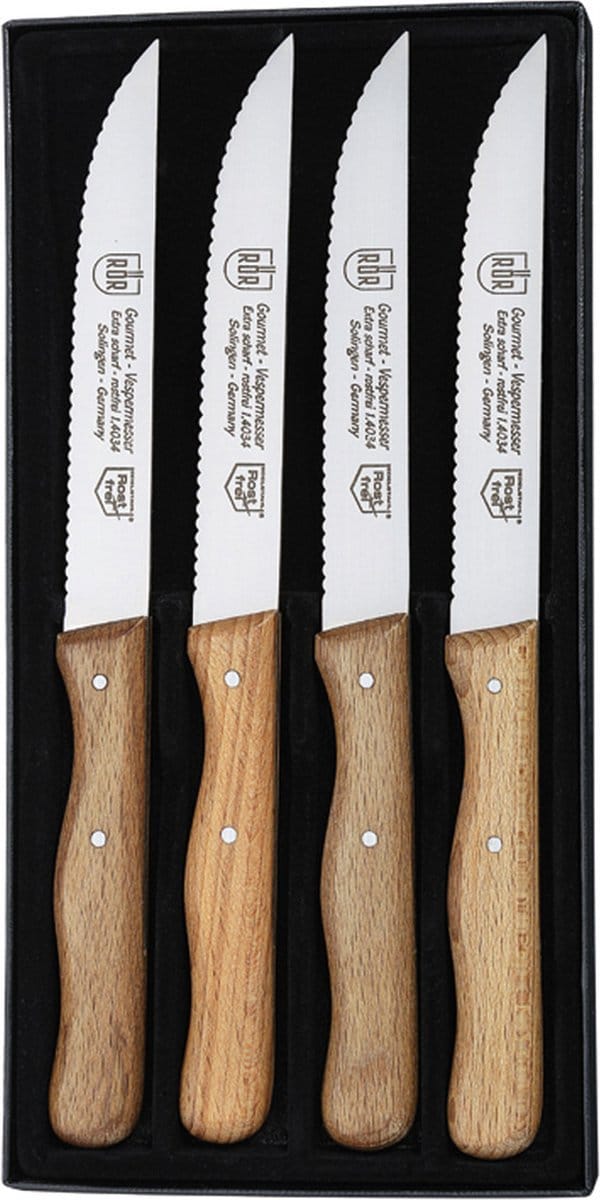 RÖR Solingen Steakmes – Vespermes – Gekarteld – RVS – Beukenhout – 4 delig