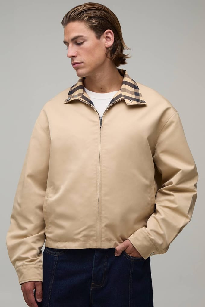 Ruimvallende Reversible Geruite Twill Harrington Jas | Brown | Size Medium