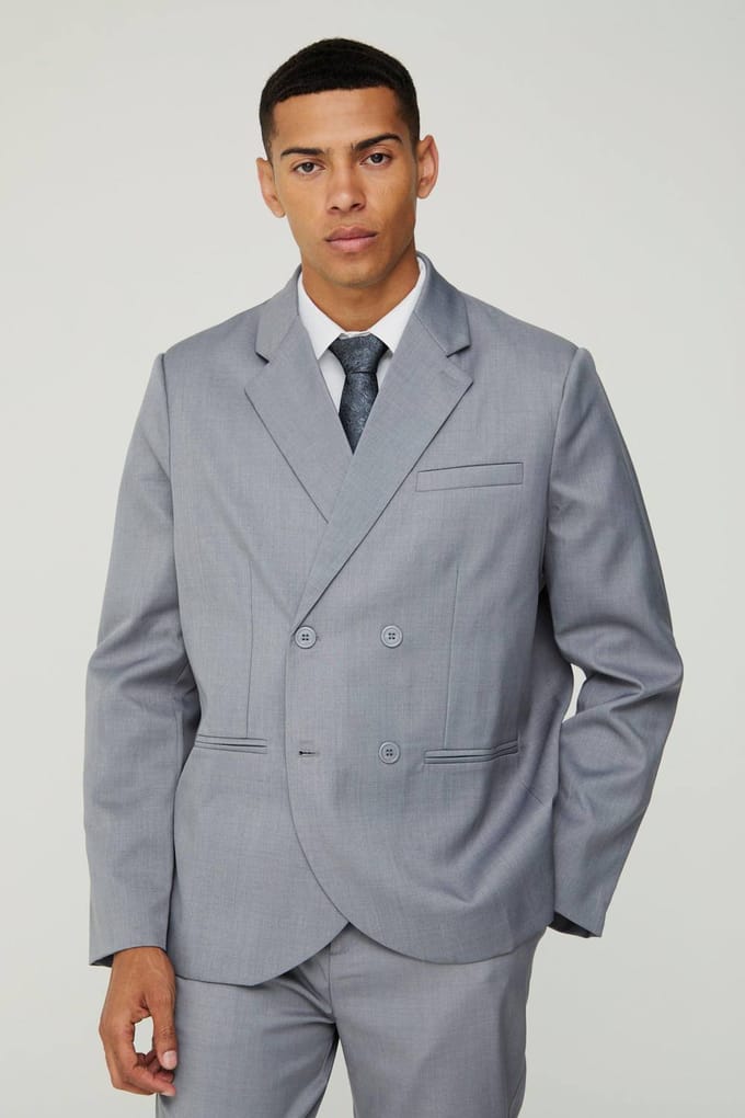 Textured Double Breasted Suit Jacket | Grey | Size 48