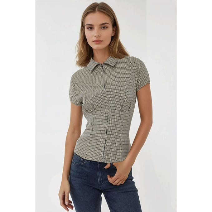 Aansluitend Ruitjes Crew Neck Met Rits Top
