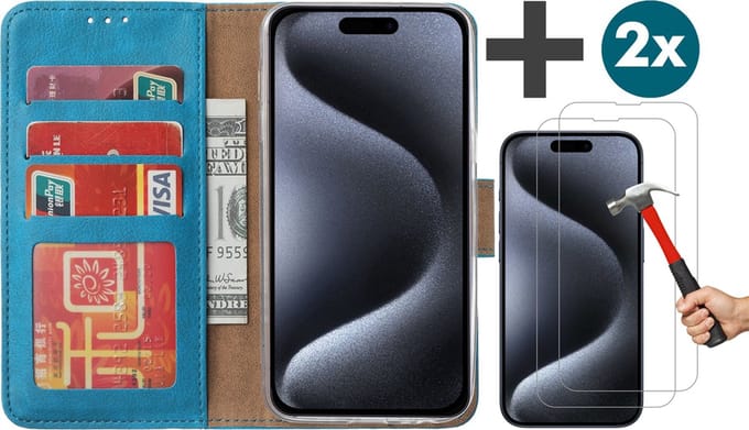 Hoesje met 2 Stuks Screenprotectors Geschikt voor iPhone 15 Pro Max – Arara bookcase met pasjeshouder - Blauw