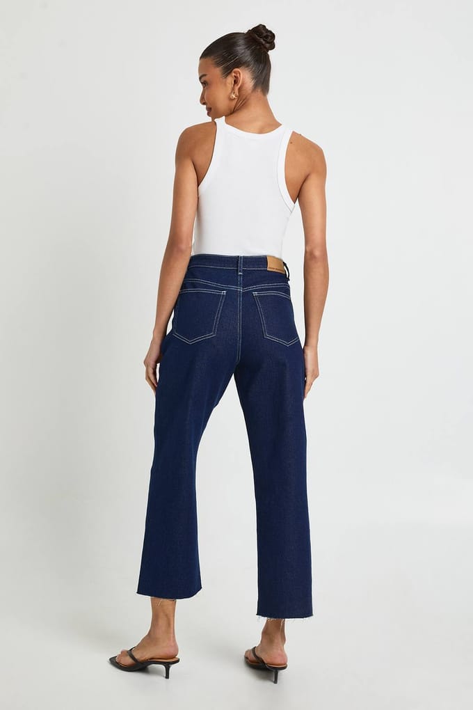 boohoo Dames De Hoge Taille Gecroppte Rechte Pijp Jeans | Indigo | Maat: 34