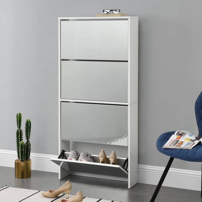 Schoenenkast met spiegels 4 vouwdeuren 134x63x17 cm wit