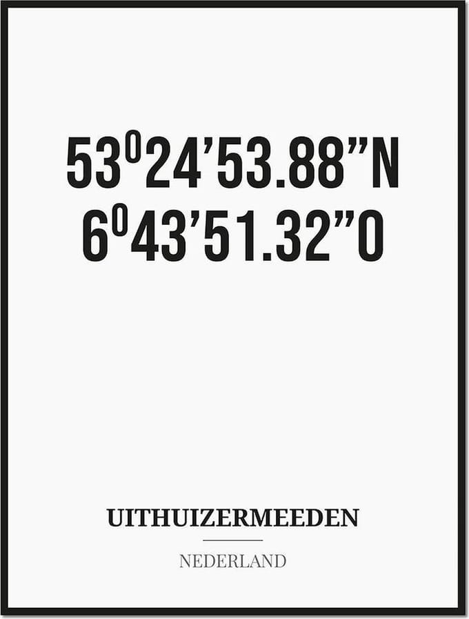 Poster/kaart UITHUIZERMEEDEN met coördinaten