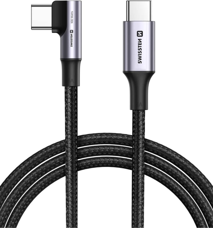 Swissten haakse USB-C naar USB-C kabel - 100W Laptop Kabel - 2M - Zwart