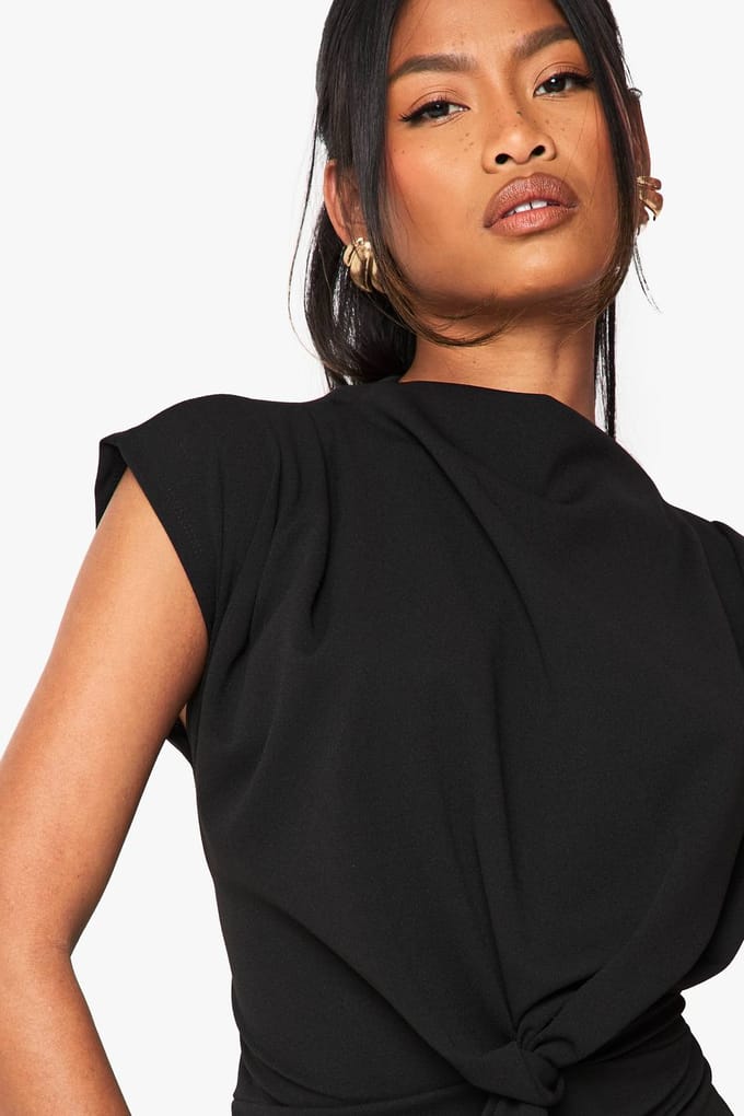boohoo Dames Crepe Knoop Cowl Halsblouse | Black | Maat: 16
