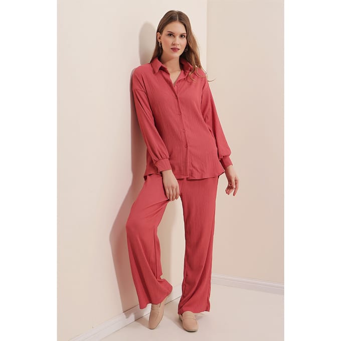 Textuur Geweven Lange Mouwen Shirt & Broek Gebreide Set