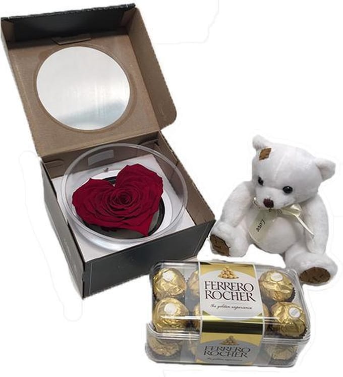 Rode rozen kop hartvorm + Ferrero + Knuffel wit (18 cm)