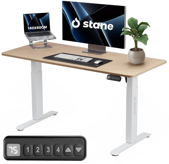 Stane Zit Sta Bureau Elektrisch Verstelbaar - Kabelgoot - 140 x 80 cm - Eiken Blad, Wit Frame