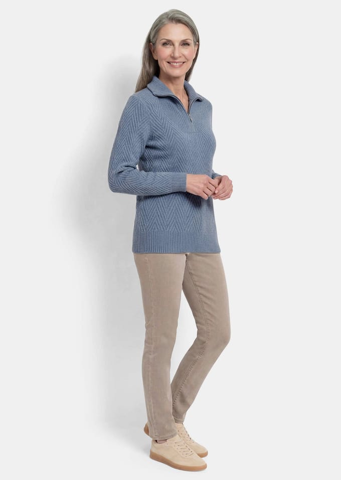 Tricot pullover met troyerkraag - rookblauw / gemêleerd - Gr. 44 van Goldner Fashion