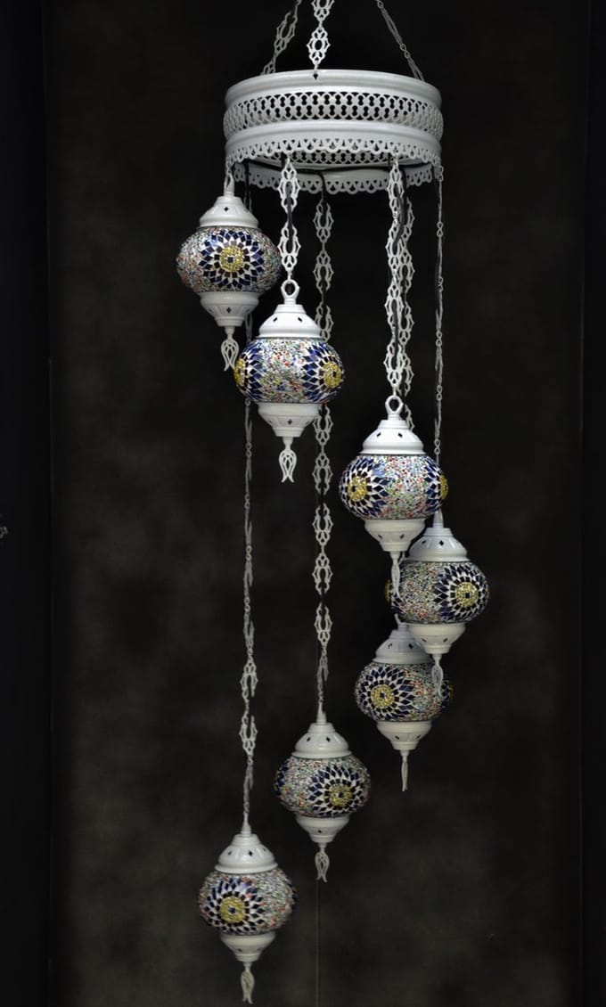 Hanglamp multicolour glas  blauw mozaïek Oosterse lamp kroonluchter Crèmewit 7 bollen