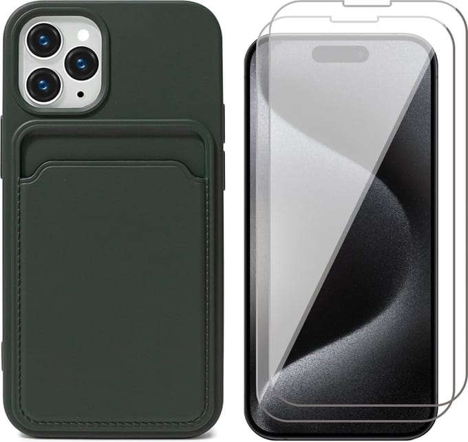 Hoesje Pasjeshouder geschikt voor iPhone 15 Pro - 2x Screenprotector GlassGuard - Siliconen Case Back Cover Groen & Screen Protector