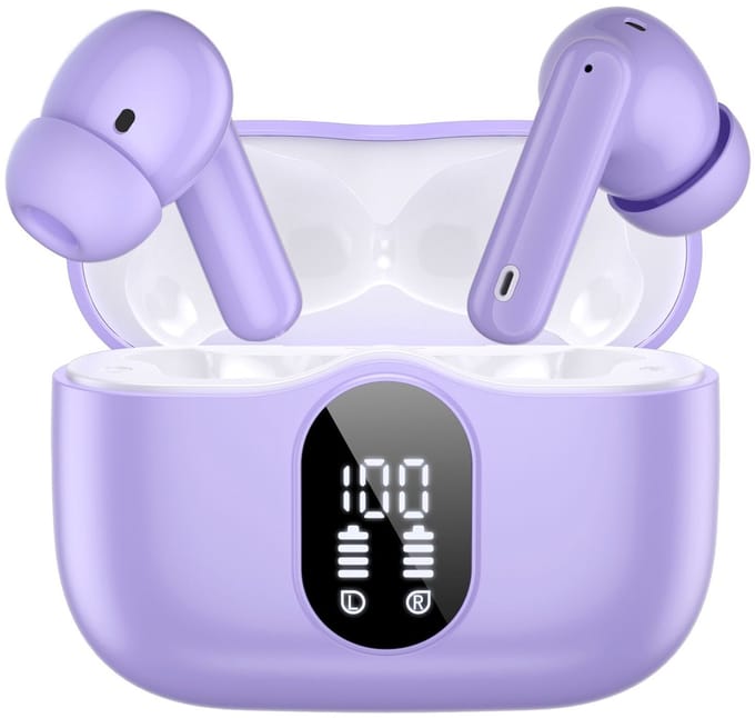 SBG Draadloze Oordopjes - Noise Cancelling - Headset - Bluetooth 5.4 - Earbuds oplaadcase - LED Display - Met Microfoon - Extra dopjes - Paars