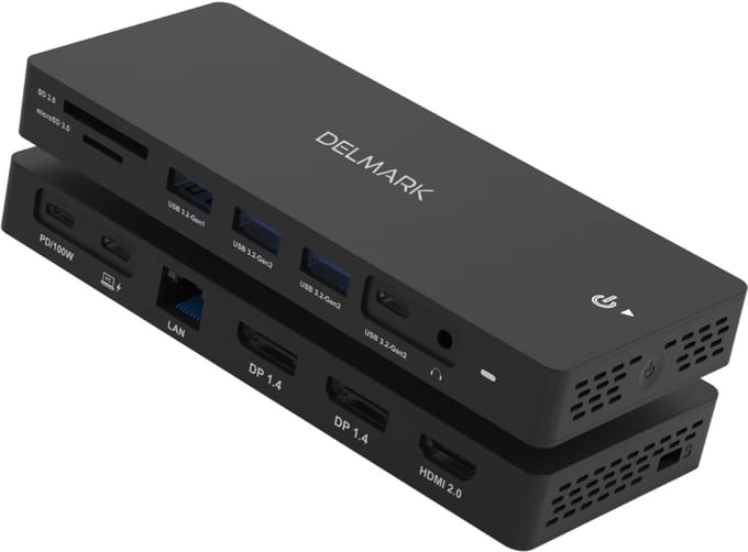 Delmark 13-in-1 USB-C Docking Station – Triple Display 4K 60Hz (2x DP + HDMI) – 10Gbps USB 3.2 – Gigabit Ethernet RJ45 – PD 100W