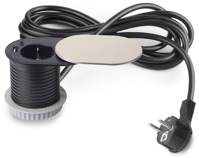 Emuca Multiconnector met Glijders Vertikal Flat 60, diameter 60mm, 1 Schuko stekker, 1 USB Type A, 1