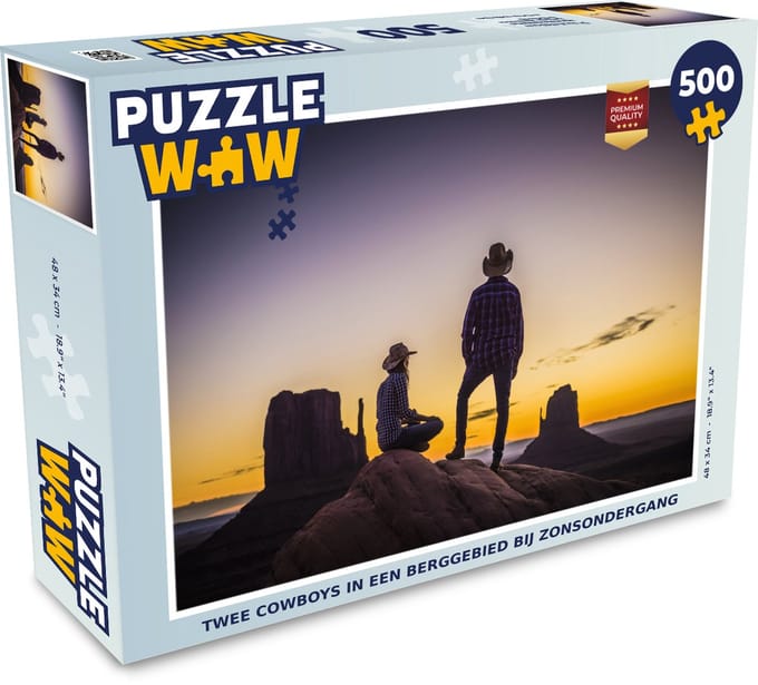 Puzzel Twee cowboys in een berggebied bij zonsondergang - Legpuzzel - Puzzel 500 stukjes