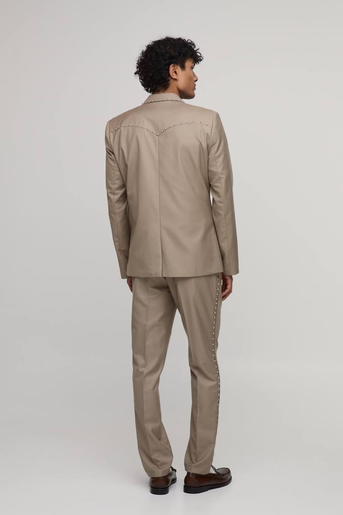 Slim Fit Studded Tailored Trousers | Taupe | Size 46