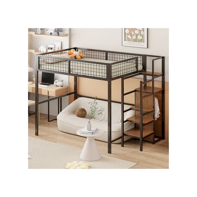 Lit mezzanine - MUVOE - 140x200 cm - Métal - Échelle de sécurité - Rangement intégré blanc