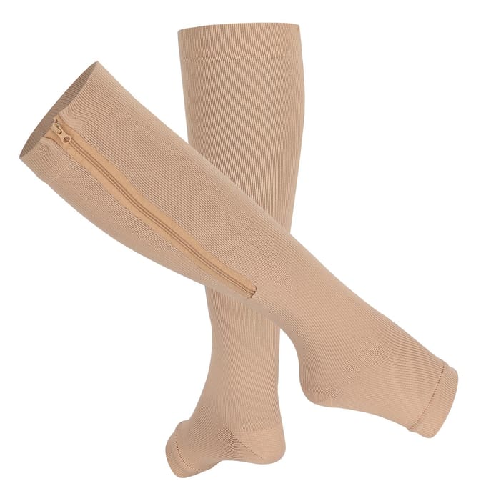 2 stuks compressiesokken met ritssluiting, steunkousen, elastische open teenbeensteunkous beige
