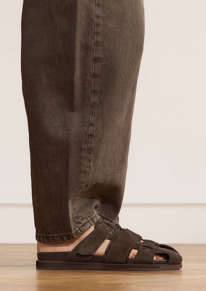 Manfield - Heren - Donkerbruine suède slippers - Maat 45