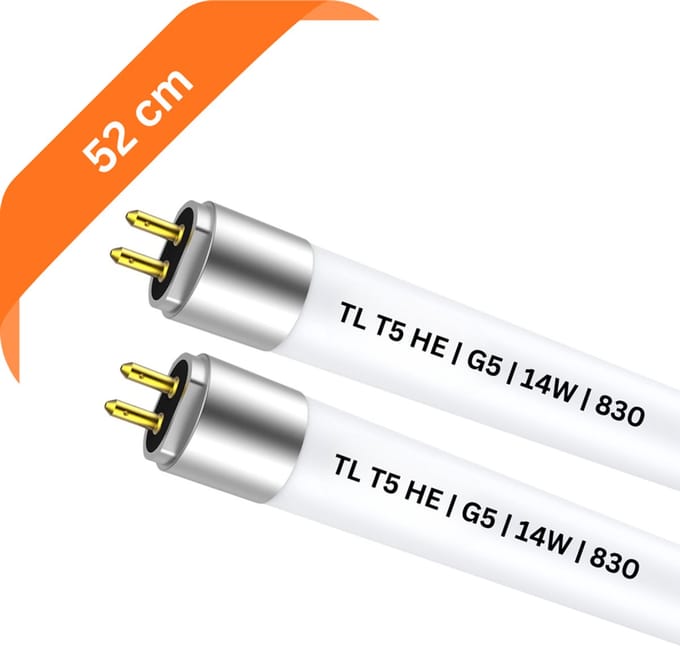2x T5 TL buis 52 cm – 830 Warm Wit 3000K – 13W – G5 fitting – Ø 1.6 cm