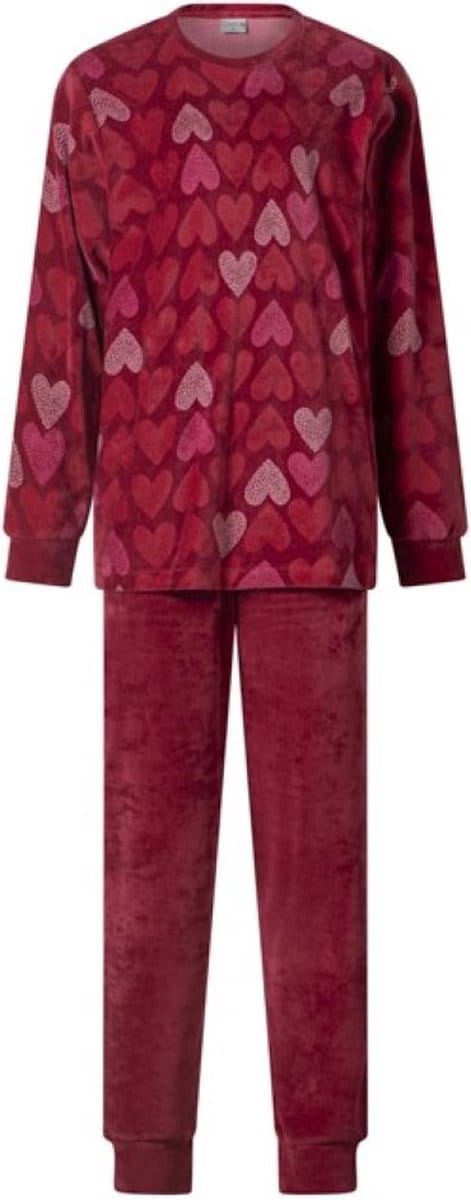 Lunatex - warme dames pyjama Hearts 124235 - velours - rood - maat L