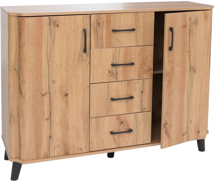 Commode MCW-P42, dressoir, 4 lades, opbergvakken, 2 deuren, MDF 92x120x40 cm ~ Wotan-eikenlook