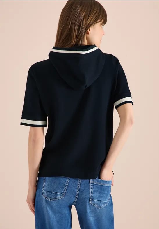 Shirt met korte mouwen, capuchon en geribde details