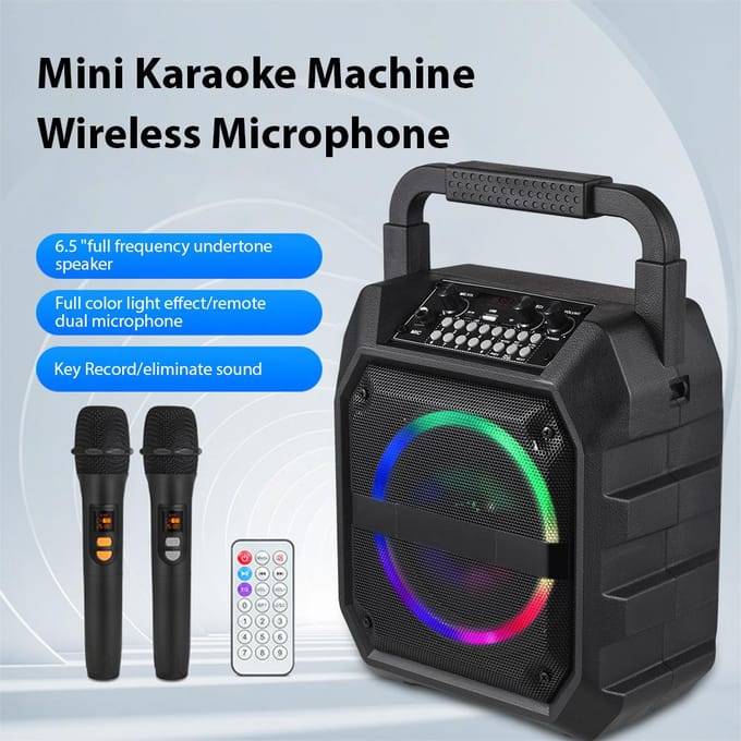 Mini Karaoke Machine Draadloze Microfoon en Speaker Set met 2 Microfoon LED Kleurenlicht Handheld zwart