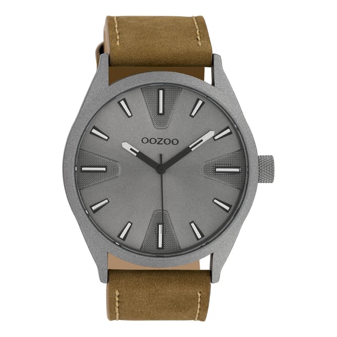 OOZOO Timepieces - Titanium horloge met bruine leren band - C10022