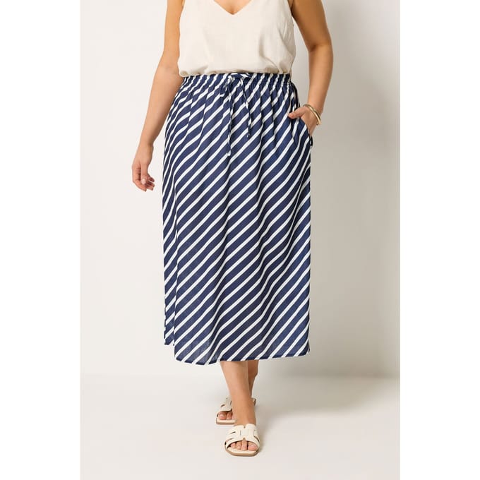Yours Marineblauwe Linnenlook Rok Met Streepjes Size 48