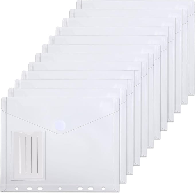 12pcs A5 Clear Plastic Wallets A5 Folder, Transparent Plastic Envelope Wallets A5, pPlastic File Folders, pPlastic Document Wallets with 7 Holes/Button/Label Bag for