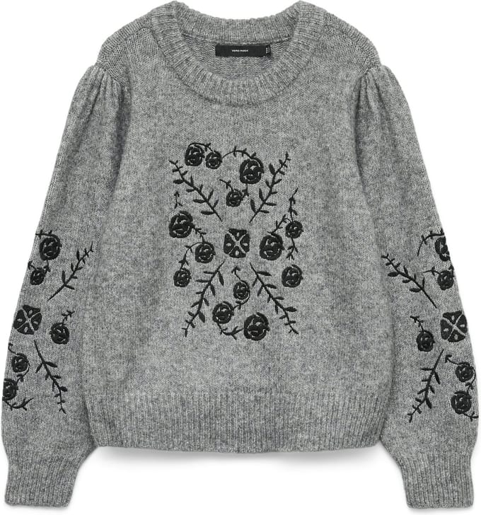 Vero Moda Trui Vmjuta Ls O-neck Embrodery Pullover 10334853 Medium Grey Mel/w. Black Dames Maat - M